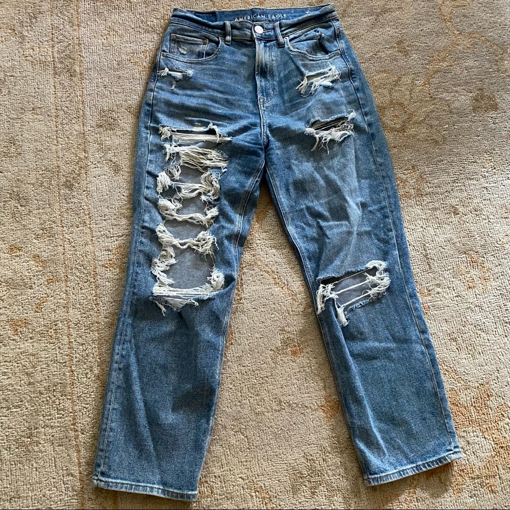 american eagle like new highest waist ripped  90s boyfriend jean light wash